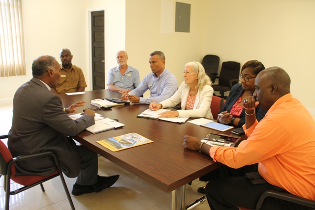 Premier of Nevis Hon. Vance Amory meeting with executive members of the Nevis Division of the St. Kitts Nevis Chamber of Industry and Commerce (l-r) Warren Moving, Treasurer, John Yearwood, Ernie France, Chairperson, Deborah Lellouche, Alice Tyson and Oscar Walters, at the Premier’s Ministry conference room at Pinney’s Estate on May 10, 2017